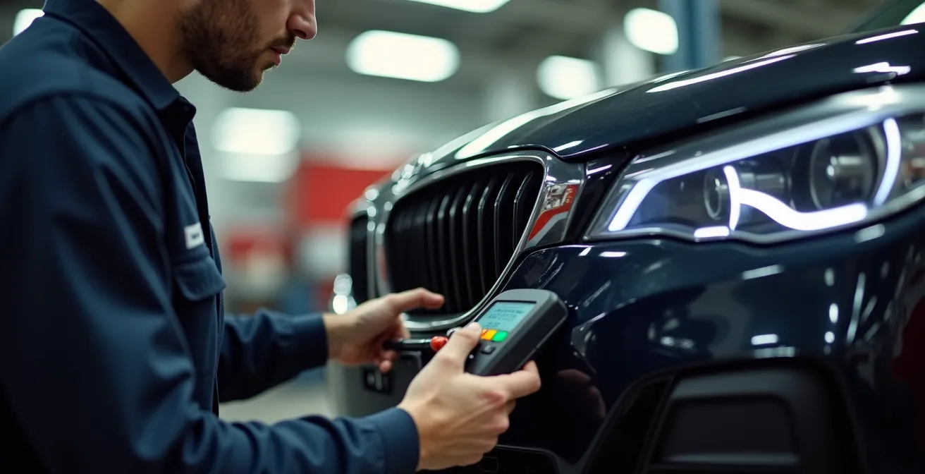 Ein Techniker bei der präzisen Kalibrierung von Fahrzeugsensoren in einer Fachwerkstatt.