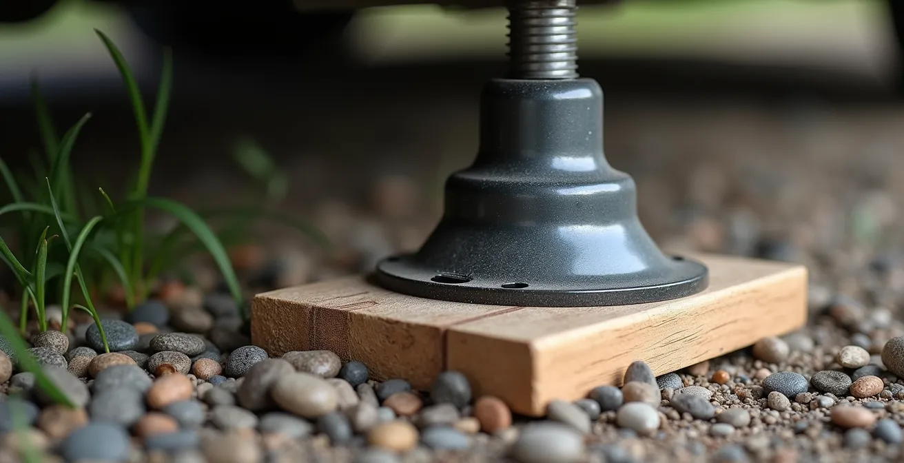 Improvisierte Unterlage für einen Wagenheber, der auf weichem Gras- und Schotterboden für einen sicheren Radwechsel aufgestellt ist.