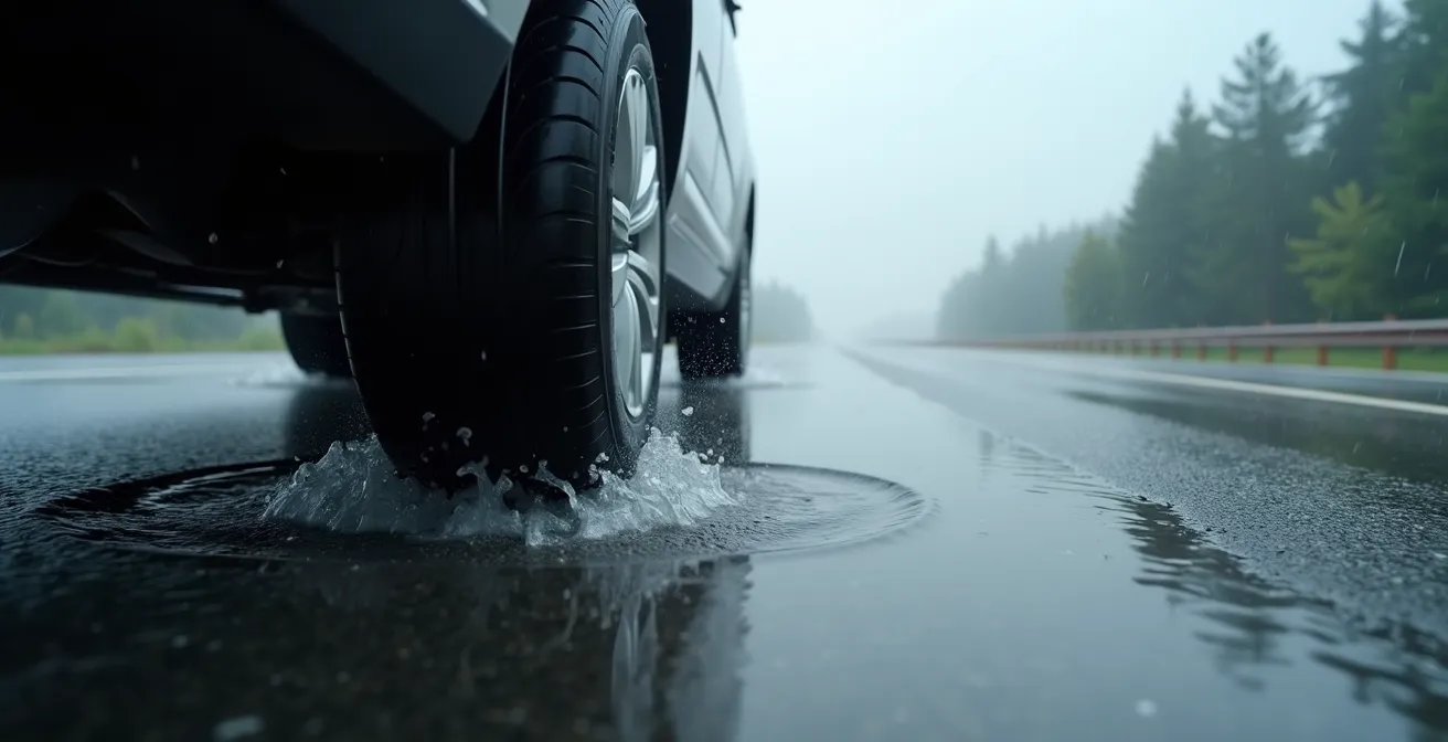 Detailaufnahme eines Reifenprofils bei Aquaplaning mit Wasserkeil-Bildung