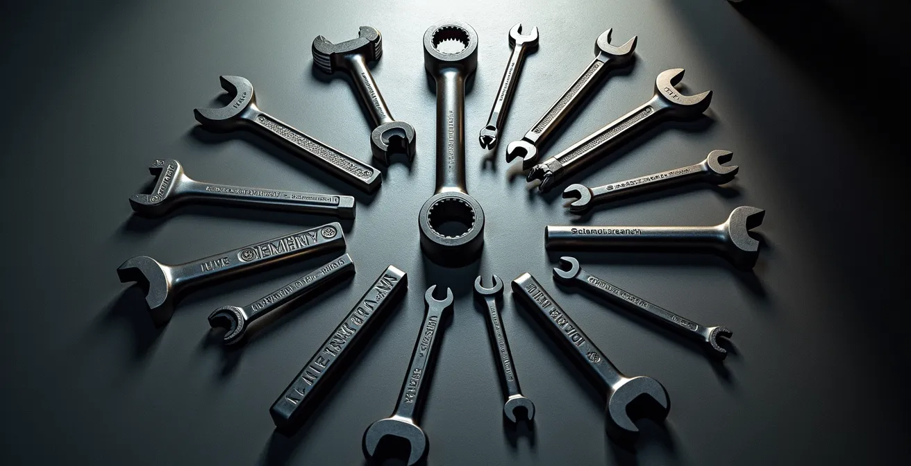 Professionelle Werkzeuge für den Reifenwechsel arrangiert