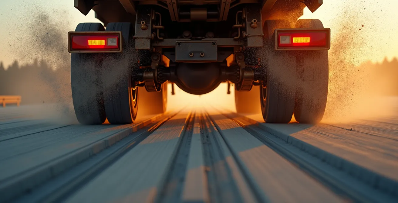 Elektroauto im Windschatten eines LKW mit sichtbaren Turbulenzen